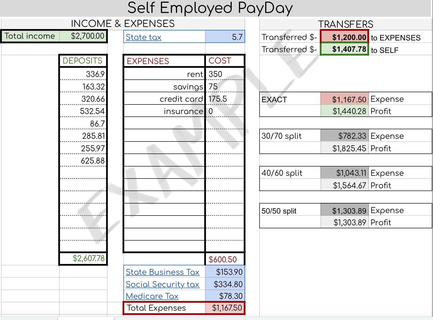 Self Employed PayDay Spreadsheet